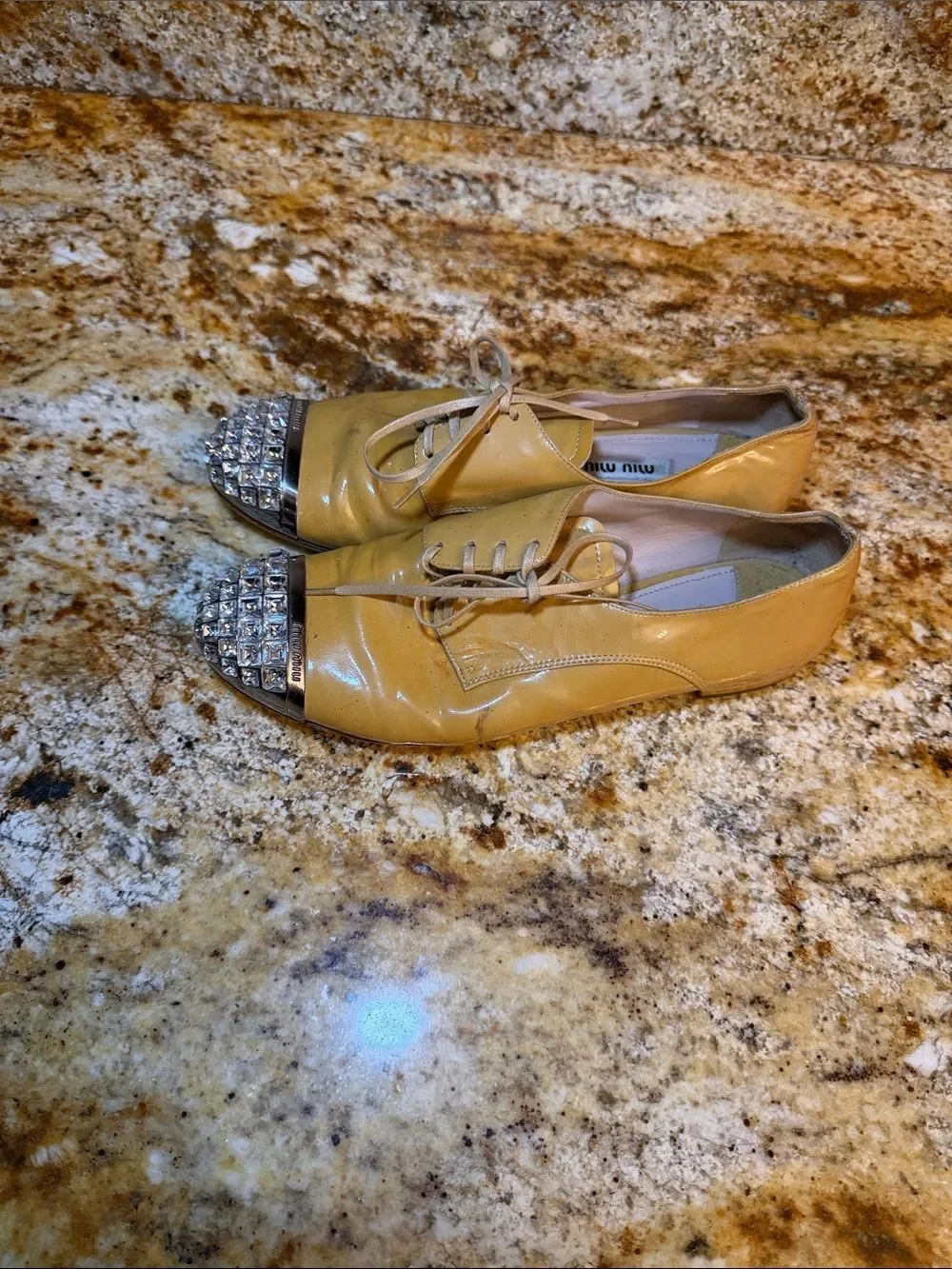 Miu Miu Yellow Girls Lace-Up Shoes with Rhinestone Cap Toes